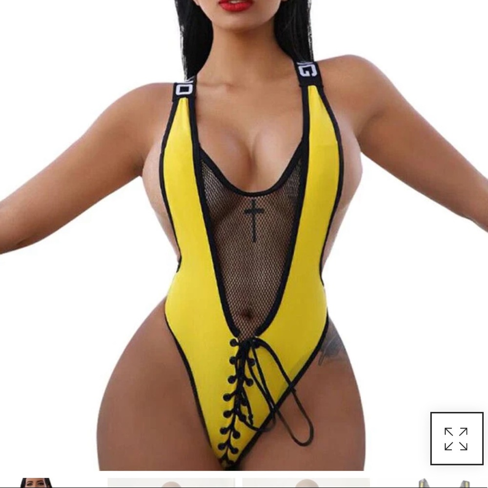 Yellow OMG one piece with strings